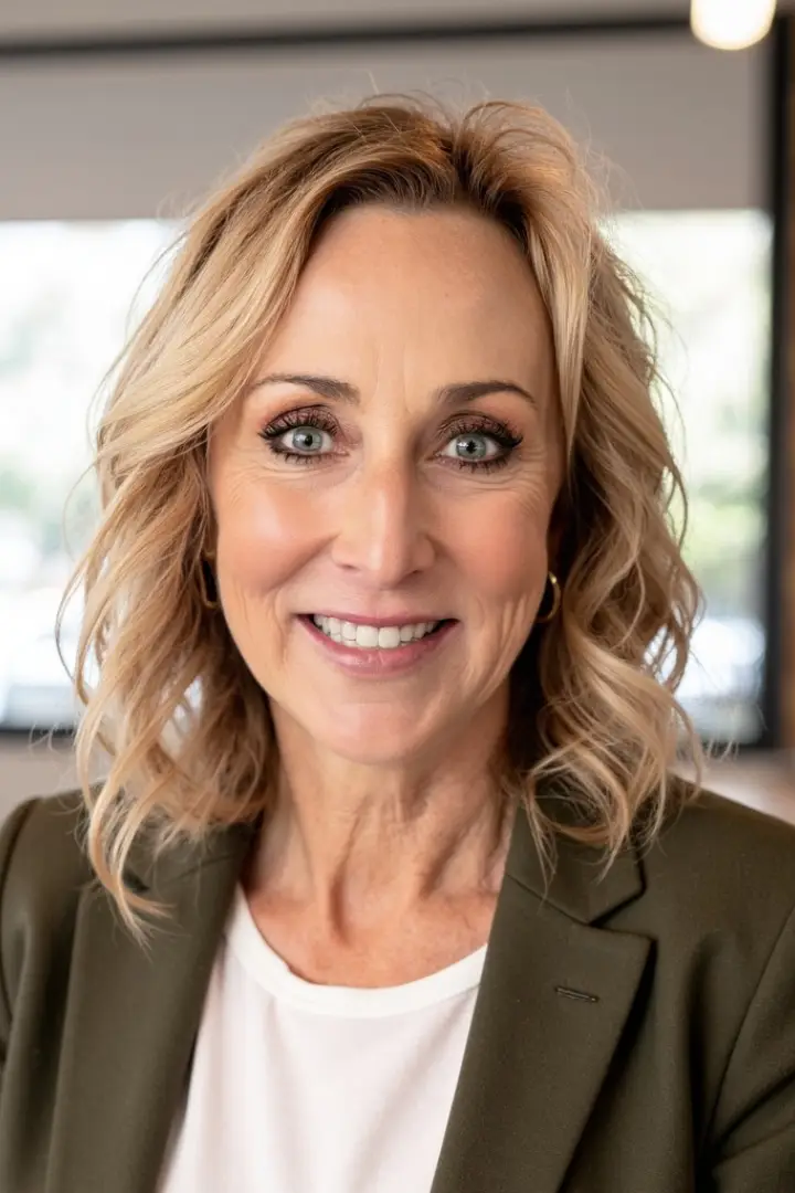 Smiling woman with blonde hair and blue eyes, wearing a blazer.